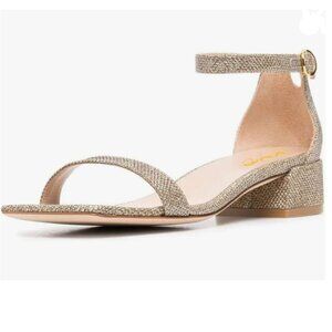 XYD Tan Glitter Open Toe Ankle Strap Low Chunky Heel Sandal for Wedding Dress